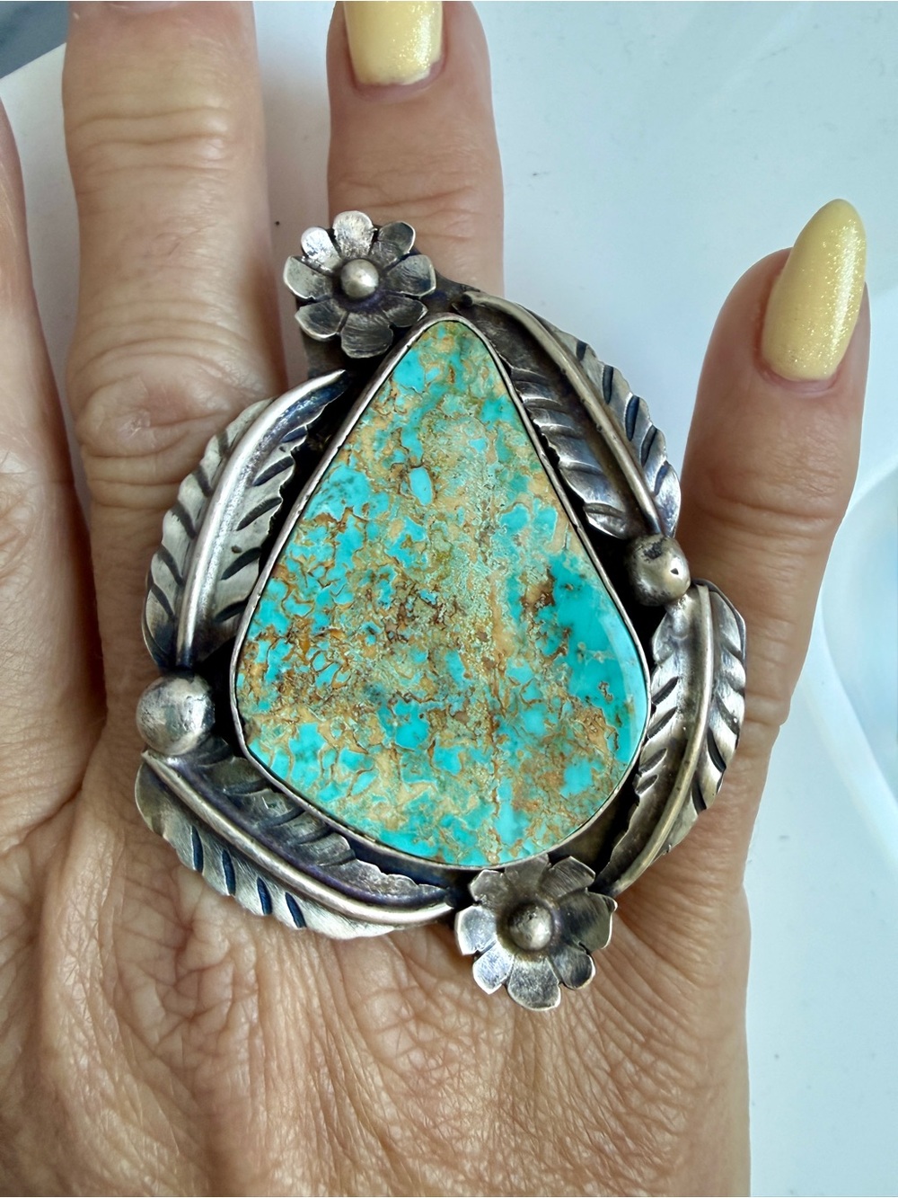 Turquoise Statement Ring Stamped Sterling Silver Floral Accents size 6.5 - 7